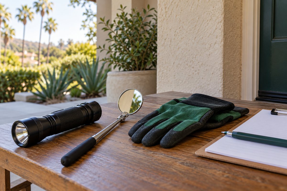 Editorial inspection tools arranged for a property visit